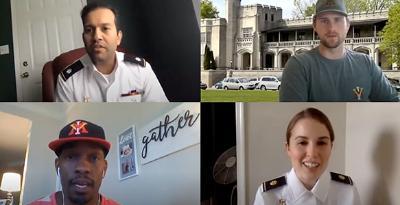 Participants from Career Services Webinars. From top left: LTC Ammad Sheikh, Director of Career Services, Tyler Lighton '15, Reunion Giving Officer at VMI Alumni Agencies, MAJ Sara Blake, Assistant Director of Career Services, Jamaal Walton ’07, Associate AD for External Operations at College of Charleston Athletics Department