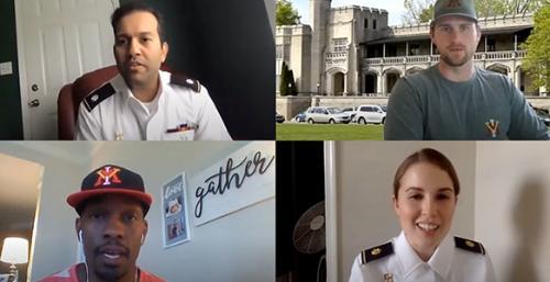 Participants from Career Services Webinars. From top left: LTC Ammad Sheikh, Director of Career Services, Tyler Lighton '15, Reunion Giving Officer at VMI Alumni Agencies, MAJ Sara Blake, Assistant Director of Career Services, Jamaal Walton ’07, Associate AD for External Operations at College of Charleston Athletics Department