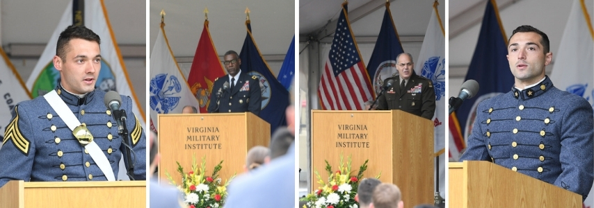 President of the Class of 2021, Dylan Stoltzfus ’21, Maj. Gen. Cedric T. Wins ’85, superintendent, Gen. Gustave “Gus” Perna, U.S. Army,  Army 2nd Lt. Jordan Chaulklin ’21, valedictorian of the Class of 2021