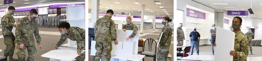 three photos of VMI cadets from the Building BRIDGES club at work on setting up Community Vaccination Effort