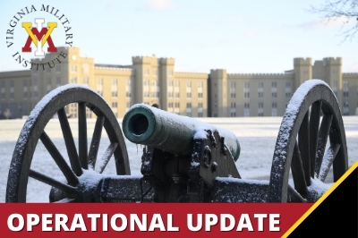 Photo of cannon on post in snow with text Operational Update and VMI Logo