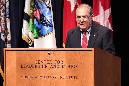 A photo of Col. Piegari during a faculty meeting