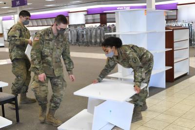 VMI cadets from the Building BRIDGES club at work on setting up Community Vaccination Effort