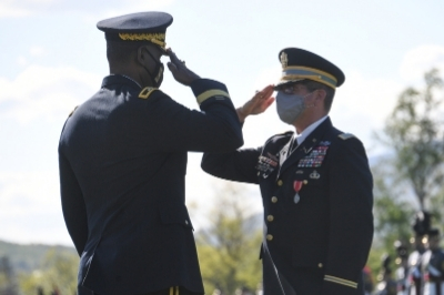 Col. Bill Wanovich ’87 Salutes MG Wins '85 at parade for retirement