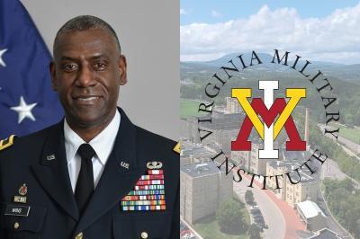 Maj Gen Cedric Wins '85 with VMI logo over post photo