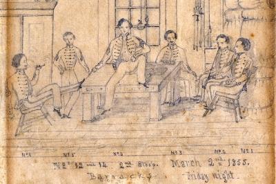 A drawing of cadets in their Barracks room, 