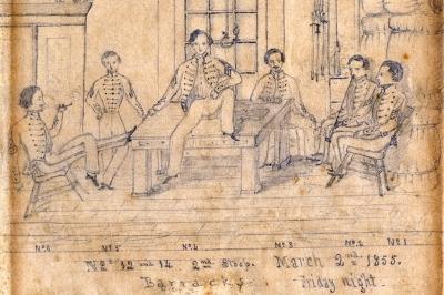 A drawing of cadets in their Barracks room, 