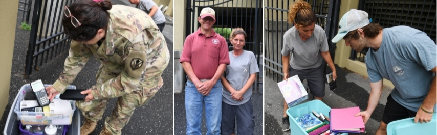 Custodian Tanya Rice collecting and handing off donated supplies to representative of Rockbridge County Public Schools. VMI Photos by Kelly Nye