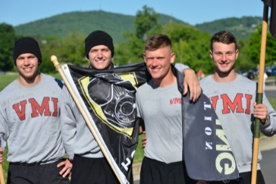 Cadet Duffy with Brother Rats and VMI flags – VMI Photo by Eric Moore