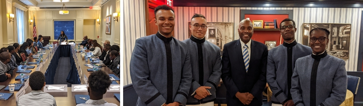 Left: Cadets attend session at forum. Right: Fatoumata Diallo ’23, Wesley Barbara ’23, Joshua Kent ’24, and Kyle Bordeaux ’22 pose with E. Sean Lanier ’94. Photos provided by E. Sean Lanier ’94.