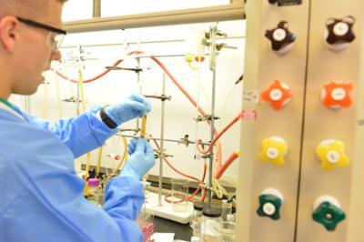 Owen Ahrens ’24 conducts research on the synthesis and reactivity of cobalt-centered molecules in the lab at VMI.—VMI Photo by Marianne Hause.