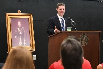 Cole Bordonie ’20 thanks the Baur family for their many contributions to his career path.—VMI Photo by Kelly Nye.