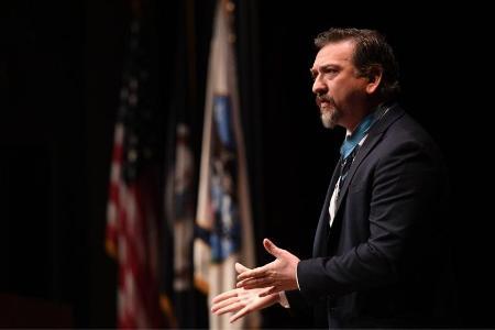 Retired Army Staff Sergeant David Bellavia speaking at 12th Annual Leadership and Ethics Conference. VMI photo by H. Lockwood McLaughlin