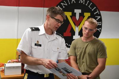 Col. Matt Swenty answers a question from Braden Kerr ’23 in Swenty’s civil engineering lab.—VMI Photo by Mary Price.