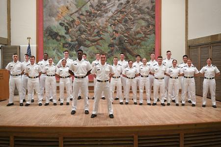 Cadet captains for the 183rd Regiment for the 2022-23 academic year. In front are Joseph Egbo ’23, named regimental executive officer and Blake Smith ’23 named first captain and regimental commander. —VMI Photo by H. Lockwood McLaughlin.