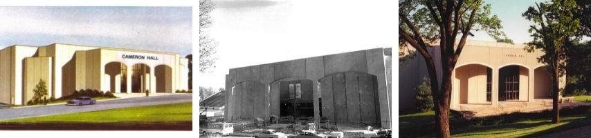 Three images depicting Cameron Hall from the architects rendering, through construction, to photo from 1994.