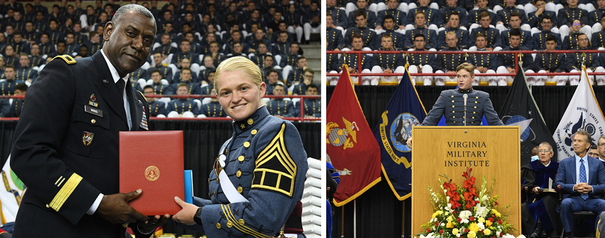 Maj. Gen. Cedric T. Wins ’85 presents Rachael Dickenson ’22 with the Society of the Cincinnati Medal during the commencement ceremony held in Cameron Hall May 16. Noah Kirk ’22, president of the Class of 2022, addresses his brother rats during commencement on May 16.—VMI Photos by H. Lockwood McLaughlin.