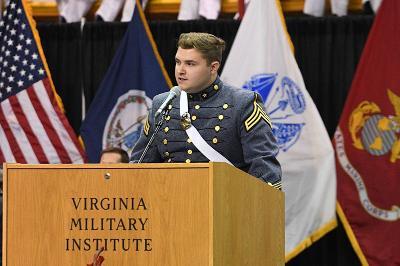 Christopher M. Hulburt ’22, valedictorian of the Class of 2022 at Virginia Military Institute, speaking during commencement,.