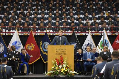 Noah Kirk ’22, president of the Class of 2022, addresses his brother rats during commencement on May 16.—VMI Photo by H. Lockwood McLaughlin.