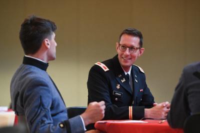 Col. M. Houston Johnson V, professor of history, speaks to William Rich ’23 during the Constitution Day event held in Marshall Hall Sept. 20.—VMI Photo by H. Lockwood McLaughlin.