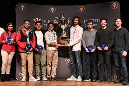 Competitors, faculty advisors, and observer students from George Mason University accept the Virginia Cyber Cup at the Commonwealth Cyber Fusion in Gillis Theater on Feb. 26.—VMI Photo by H. Lockwood McLaughlin.