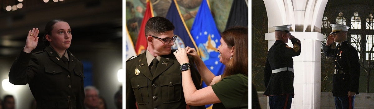 Collage of cadets at Dec. 2021 commissioning ceremony.—VMI Photo by H. Lockwood McLaughlin