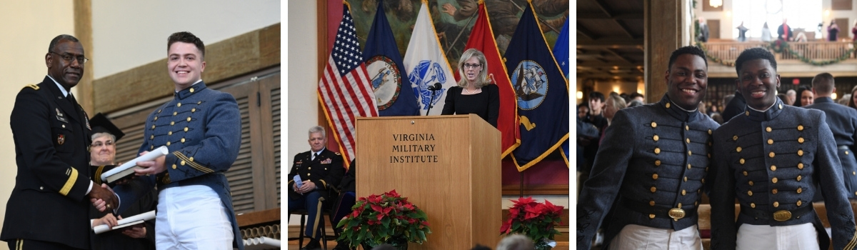 Collage -- Left: Maj. Gen. Wins hands diploma to graduate. Middle: Ms. Chambers '03 addresses graduates. Right: Graduates pose after ceremony.—VMI Photo by H. Lockwood McLaughlin