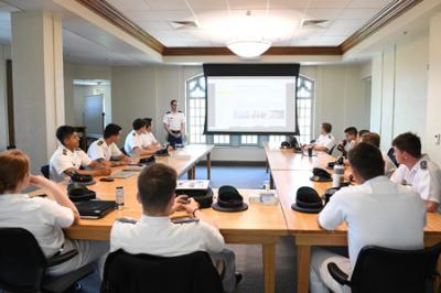 Maj. Jeff Kozak welcomes cadets to the final Fieldwork class of the semester May 3 in Preston Library.—VMI Photo by Kelly Nye.