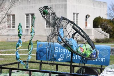 A metal sculpture of a turtle, created by Col. Jay Sullivan and several mechanical engineering cadets, is on display, raising awareness of oceanic plastics pollution, outside of Marshall Hall during the 32nd annual Environment Virginia Symposium.—VMI Photo by H. Lockwood McLaughlin.