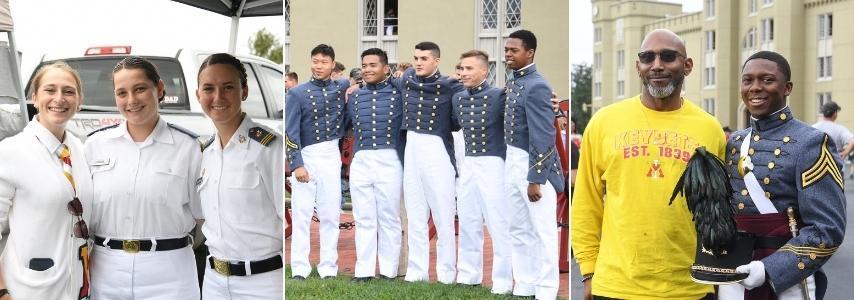 Three photos of cadets posing with family members and each other during Family Weekend Tailgating.