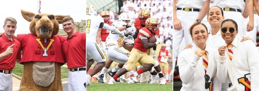 Collage of photos from Family Weekend football game, including Moe, cadets in stands, and football players on field.