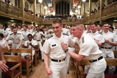 Blake Smith ’23 is congratulated as he is named first captain and regimental commander (RCO), the highest-ranking position a cadet can earn.—VMI Photo by H. Lockwood McLaughlin.