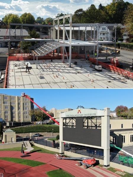 Construction workers assemble the steel frame for interior portions of the Aquatic Center located on Main Street.—VMI Photo by H. Lockwood McLaughlin.     Piros Signs of St. Louis, Missouri installs a 10mm videoboard to replace the Foster Stadium scoreboard.—VMI Photo by H. Lockwood McLaughlin.