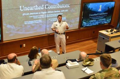 Christopher M. Hulburt ’22 defends his thesis of the significant contributions by enslaved African-Americans and free people of color.—VMI Photo by Kelly Nye.