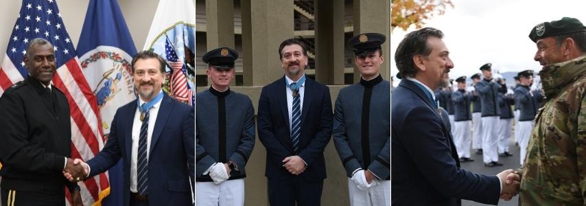 Retired Army Staff Sergeant David Bellavia office call with MG Wins,  with cadets during a visit to barracks, and walking with Col. Adrian T. Bogart ’81, commandant.