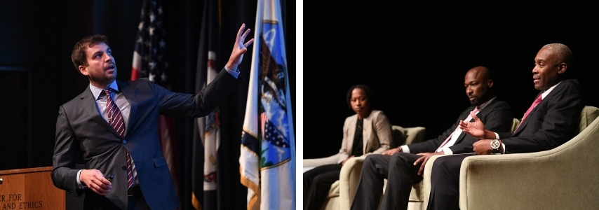 Lt. Col. McNulty (left) William McNulty, a Marine veteran and founder of Team Rubicon. John Wood Jr. (right), national ambassador for Braver Angels, an organization dedicated to helping Americans overcome political polarization. Panel discussion featuring alumni who demonstrated civic engagement in action.