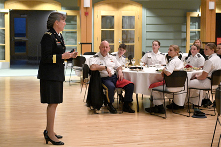 Maj. Gen. Marti Bissell shares with cadets lessons learned from her 34 years in the Army during Women’s History Month as part of the VMI Gender Diversity and Inclusion Program.—VMI Photo by Kelly Nye.