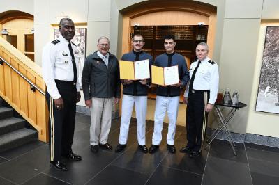 Peay scholarship recipients pose with Maj. Gen. Cedric T. Wins '85, superintendent, Brig. Gen. Robert “Bob” Moreschi, dean of the faculty & deputy superintendent for academics, and former BOV member, retired Air Force Gen. John Jumper '66.—VMI Photo by Kelly Nye.