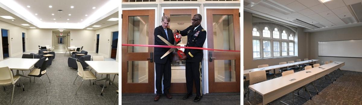 Photos of interior of renovated spaces in Scott Shipp Hall and the BOV President and VMI Superintendent cutting the ceremonial ribbon.