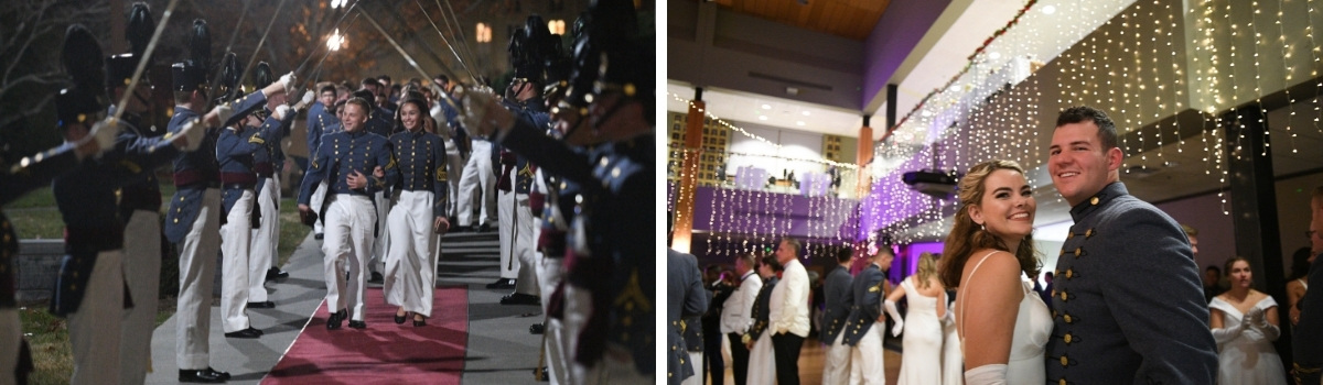 Left: Logan Poff ’23 and Clarabelle Walkup ’23 enter Marshall Hall through a cadet cordon. Right: Cody Talbert ’23 and his date dance in the Hall of Valor during the Ring Figure ball Nov. 19.—VMI Photos by H. Lockwood McLaughlin.