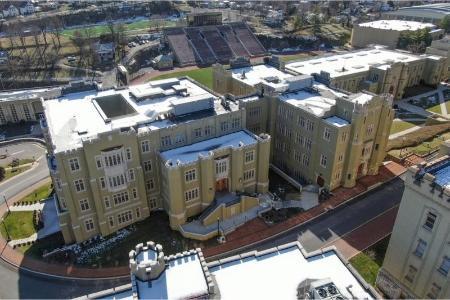 Drone aerial photo of Scott Shipp Hall after renovation