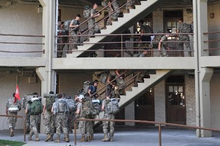 Cadets participating in the 9/11 memorial stair climb, an annual commemoration sponsored by the VMI Firefighting Club that involves climbing 110 flights of stairs, the heights of the two World Trade Center towers that were hit. 