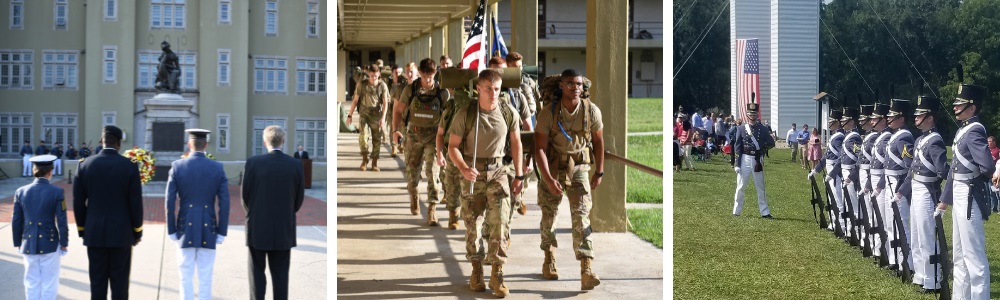 VMI leadership and cadets during wreath-laying ceremony, cadets returning from march, and attending 21-gun salute.