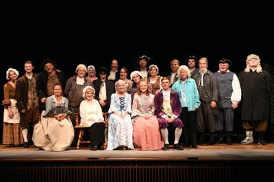 The cast of “Tom Jones” poses together after the April 30 performance in Gillis Theater.—VMI Photo by H. Lockwood McLaughlin.