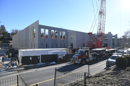 Construction continues on walls and roof of the Aquatic Center located on Main Street.—VMI Photo by H. Lockwood McLaughlin.