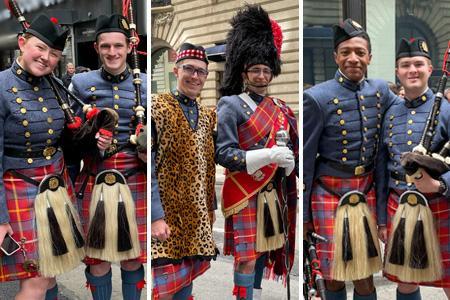 Band members smile for photos while at the parade.—VMI Photo by Command Sgt. Maj. Suzanne Rubenstein