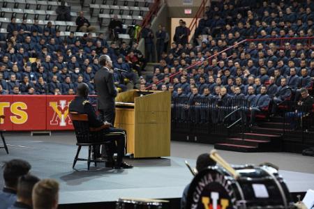 Gov. Ralph Northam ’81 addresses the VMI Corps of Cadets in Cameron Hall on the evening of Nov. 15.—VMI Photo by Kelly Nye.