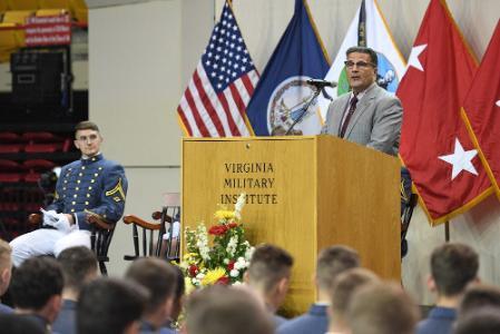 Jamie Clark ’84 addresses the Class of 2023 in Cameron Hall Nov. 19.—VMI Photo by H. Lockwood McLaughlin.