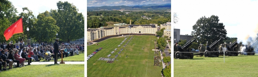 Left to right: Photo of MG Wins at podium, drone overview of parade, and howitzers.