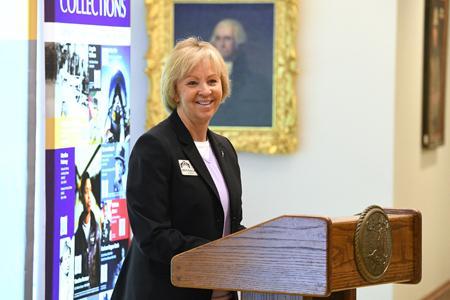 Chief Warrant Officer Phyllis J. Wilson, president of the Military Women’s Memorial, thanks everyone for attending the opening of the “Color of Freedom” exhibit in Preston Library April 15.—VMI Photo by Kelly Nye